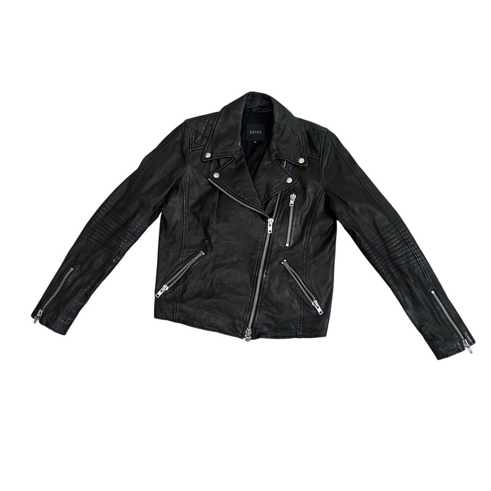 BARNEY'S NEW YORK BLACK LAMB LEATHER MOTO MOTORCYCLE JACKET SIZE S